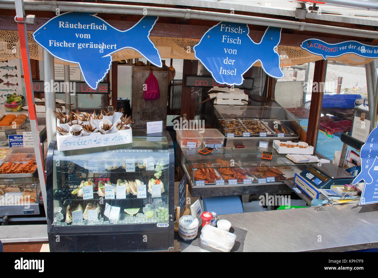 Fish sandwiches and fish snacks at the harbour of Sassnitz, Ruegen island, Mecklenburg-Western Pomerania, Baltic Sea, Germany, Europe Stock Photo