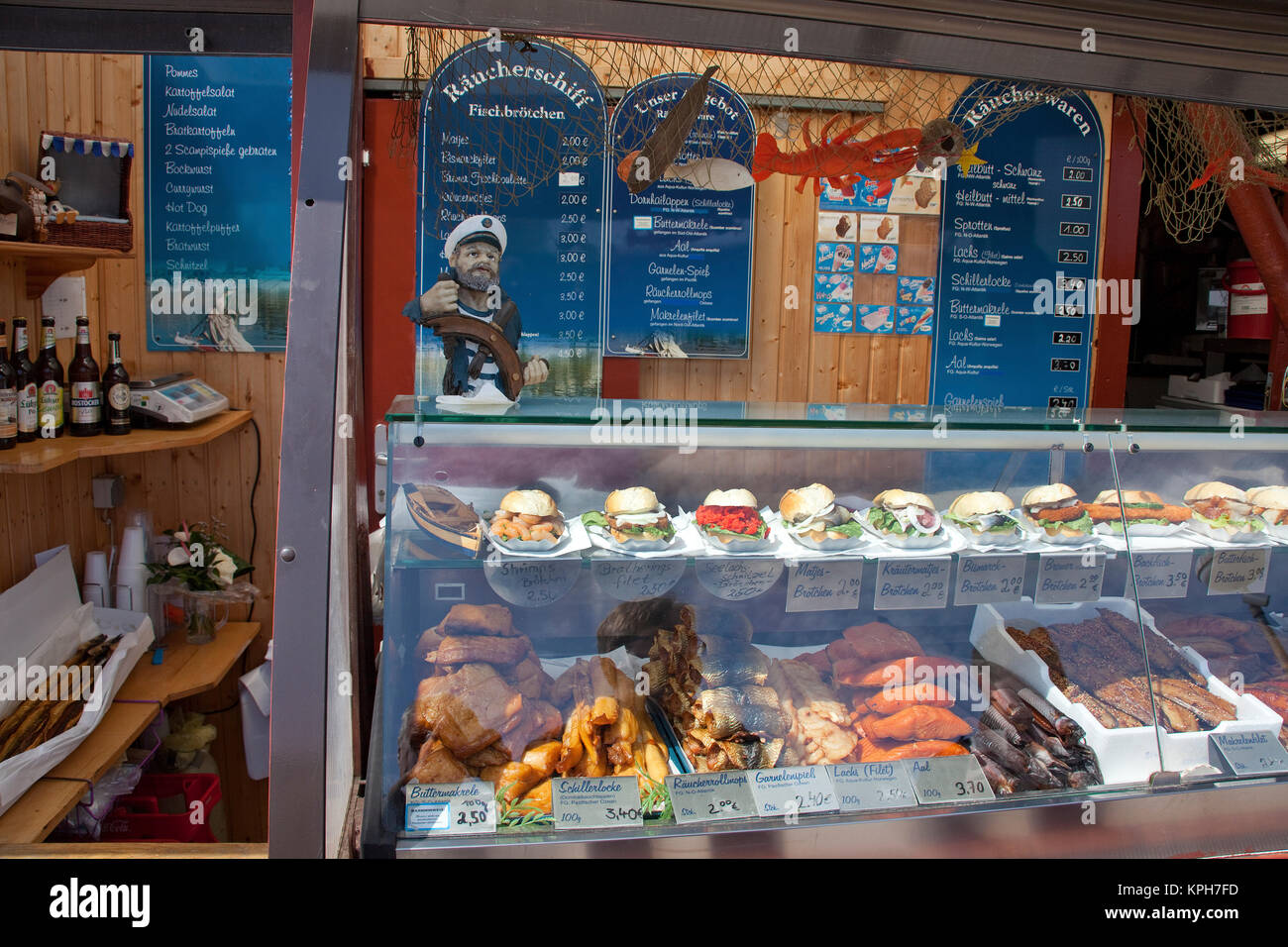 Fish sandwiches and fish snacks at the harbour of Sassnitz, Ruegen island, Mecklenburg-Western Pomerania, Baltic Sea, Germany, Europe Stock Photo