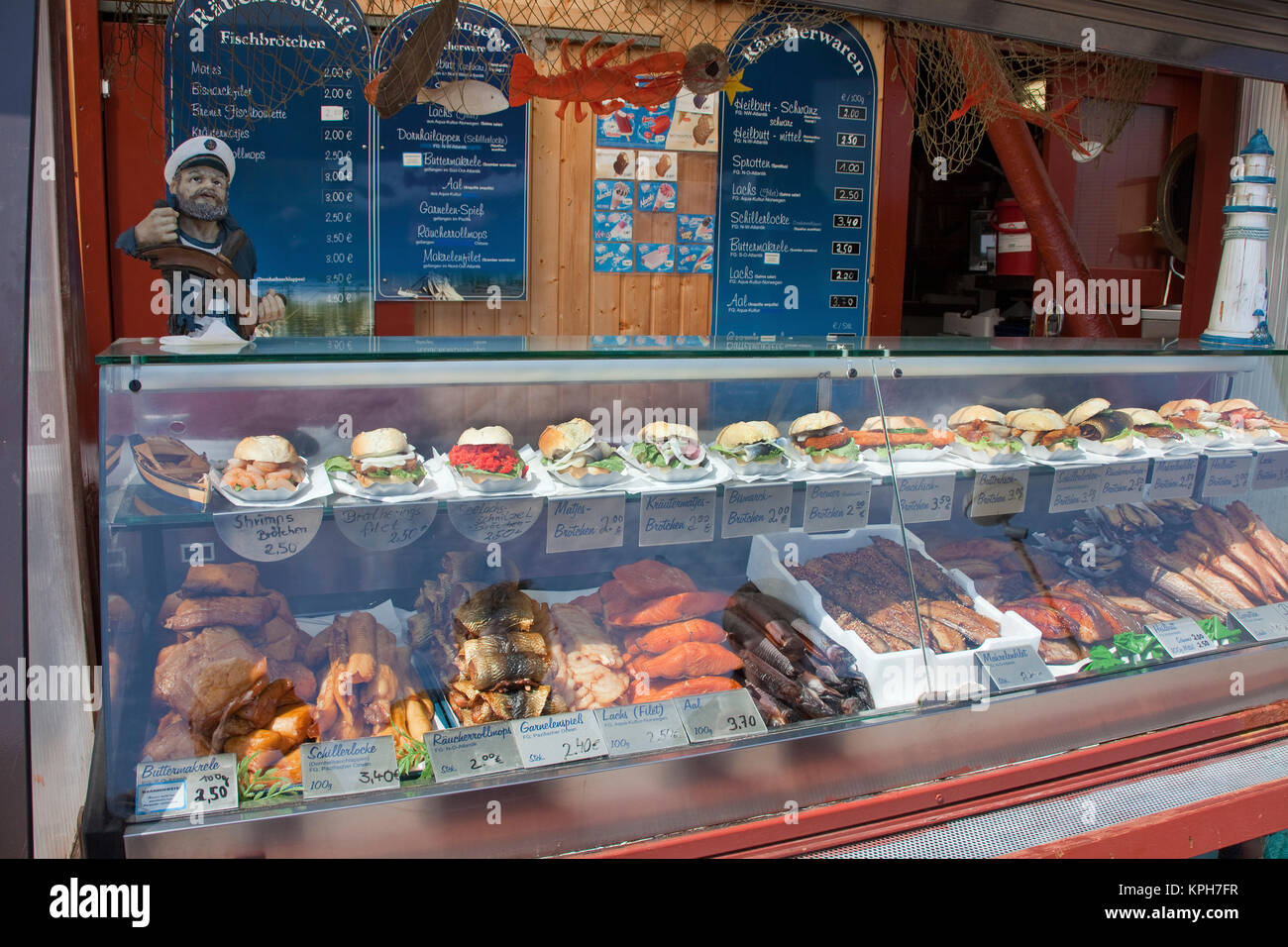 Fish sandwiches and fish snacks at the harbour of Sassnitz, Ruegen island, Mecklenburg-Western Pomerania, Baltic Sea, Germany, Europe Stock Photo