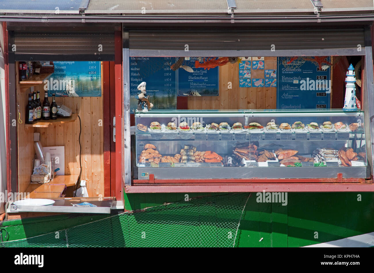 Fish sandwiches and fish snacks at the harbour of Sassnitz, Ruegen island, Mecklenburg-Western Pomerania, Baltic Sea, Germany, Europe Stock Photo