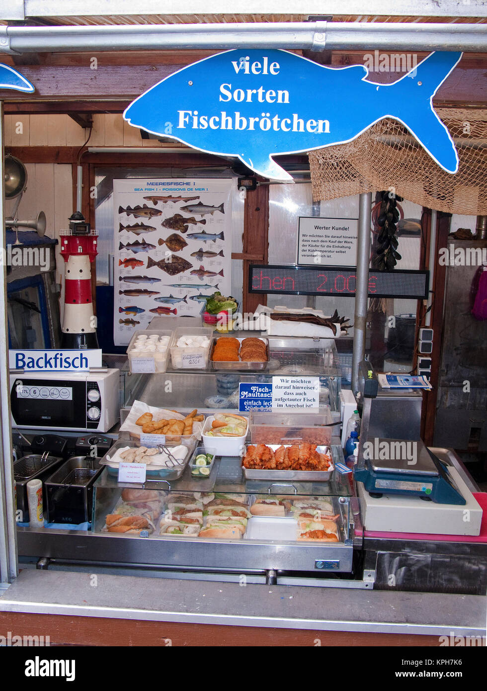 Fish sandwiches and fish snacks at the harbour of Sassnitz, Ruegen island, Mecklenburg-Western Pomerania, Baltic Sea, Germany, Europe Stock Photo