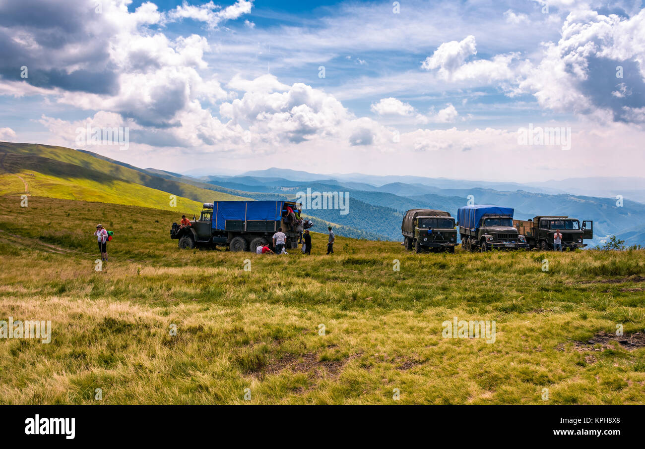 Pylypets, Ukraine - July 23, 2016: blueberry harvesting in Carpathian mountains. location Gymba mountain of Borzhava ridge. hard and exhausting work c Stock Photo
