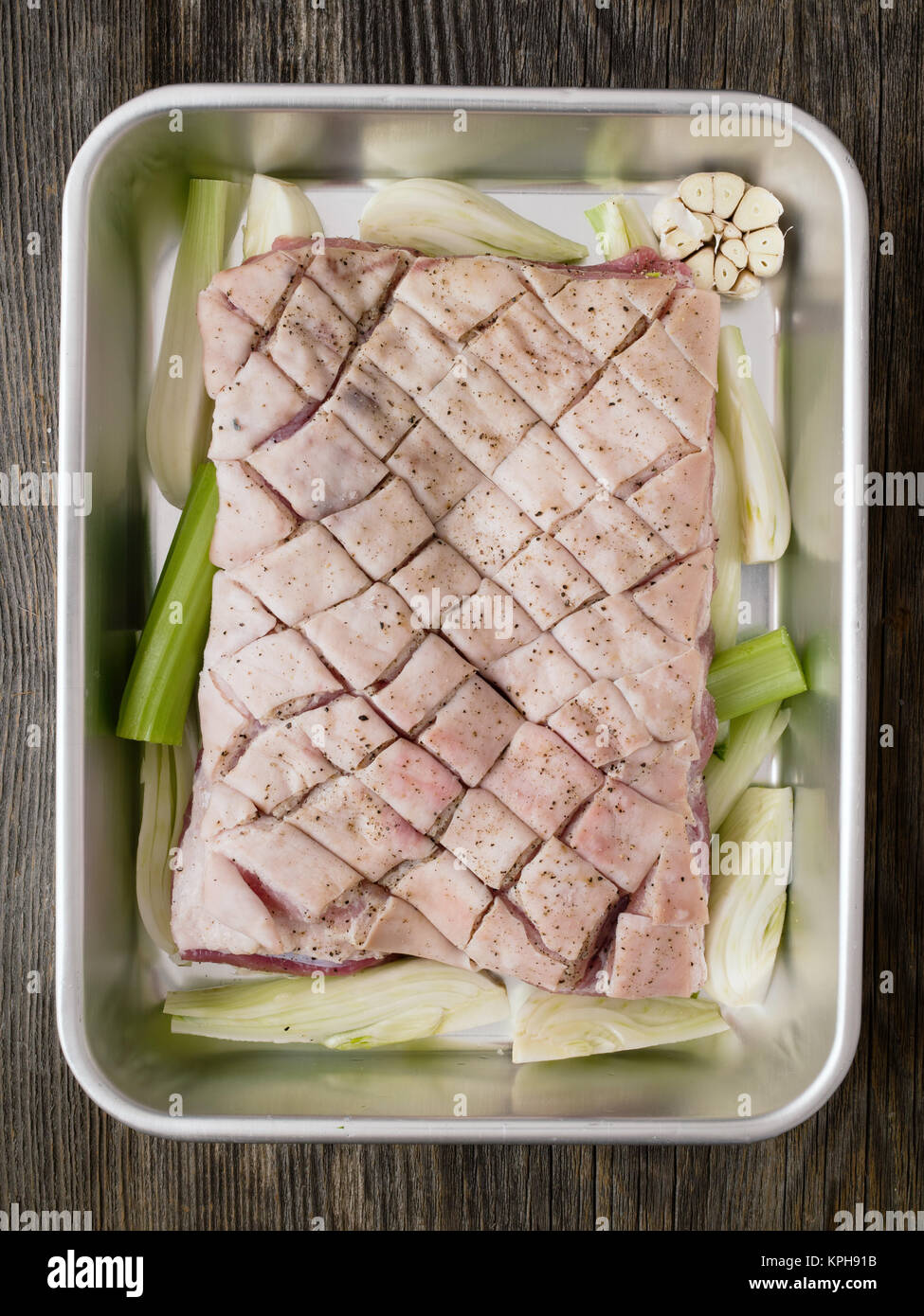 rustic raw uncooked seasoned pork belly Stock Photo Alamy