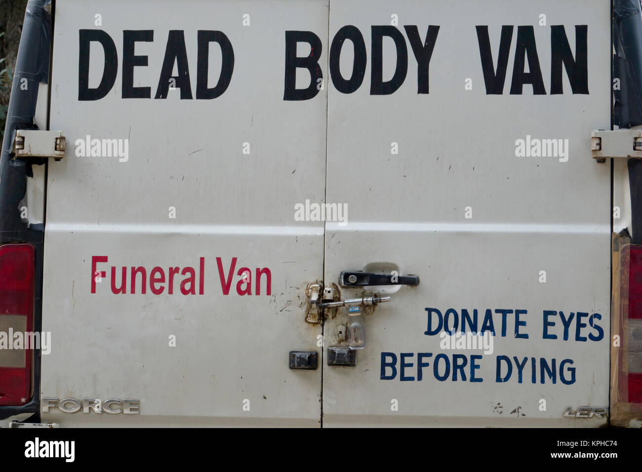 Back doors of dead body funeral van in Shimla, India Stock Photo