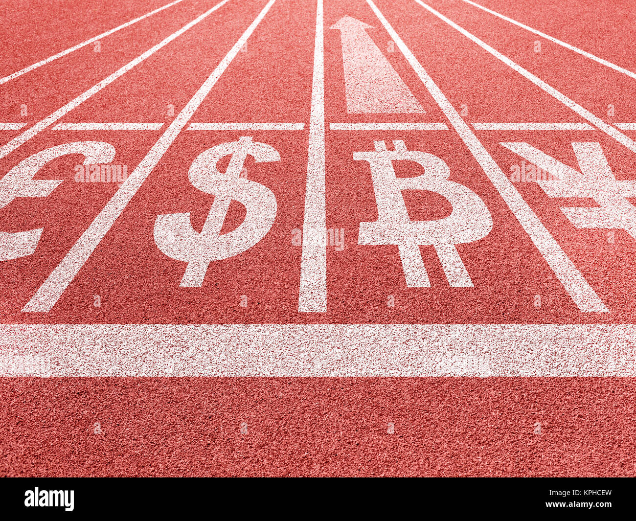 Bitcoin growing concept. Currencies symbols on running trace start. Stock Photo