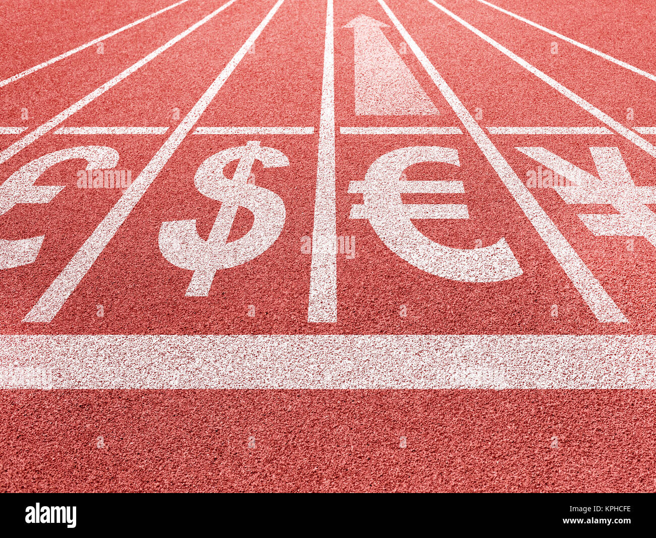 Euro growing. Currencies symbols on running trace start. Stock Photo