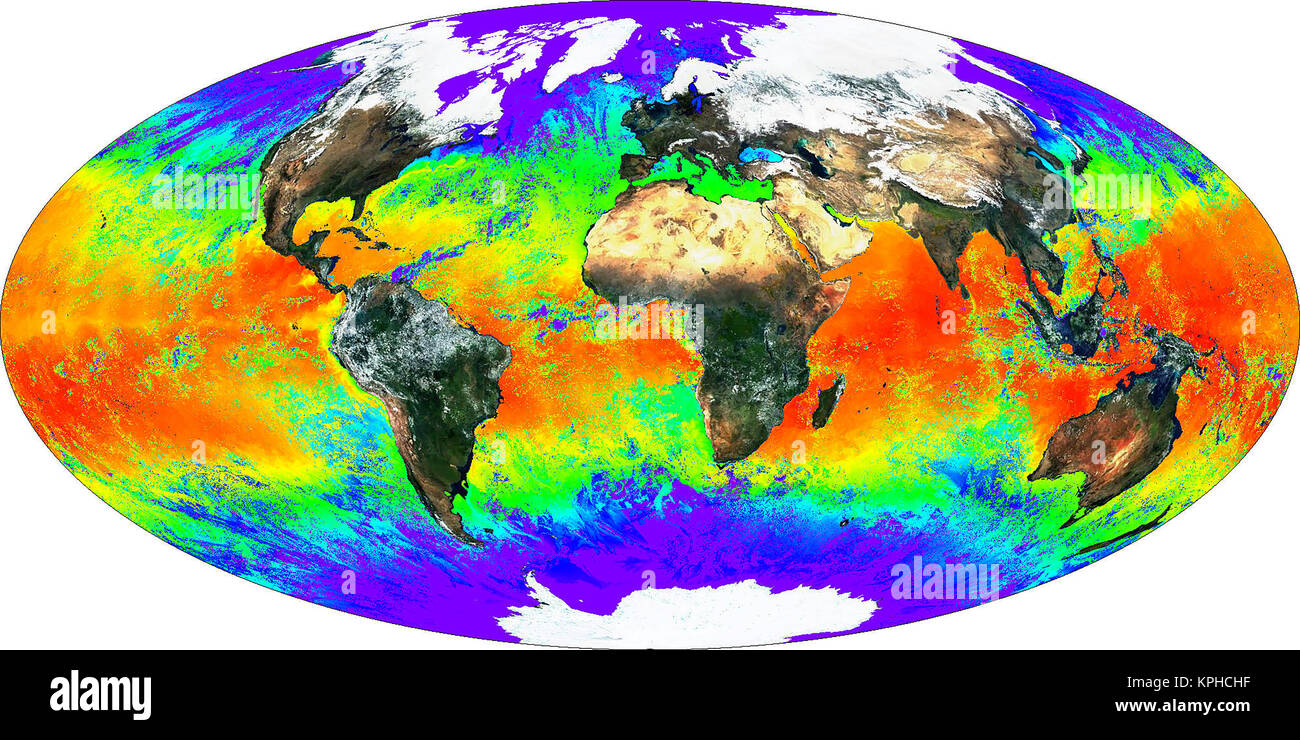 MODIS provides frequent (every 1-2 days) global views of many of the Earth's vital signs. This image shows a false-color land surface, derived using MODIS' Surface Reflectance Product, and a false-color sea surface temperature map (red and yellow are warmer, blues are cooler). Stock Photo