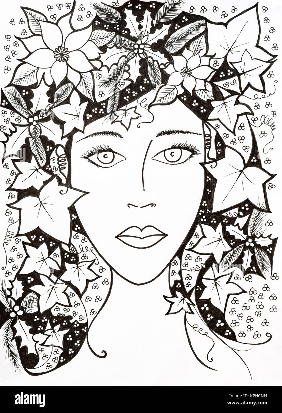 Hand drawn ink Illustration of a young femaile face with Winter seasonal hair decoration. Stock Photo