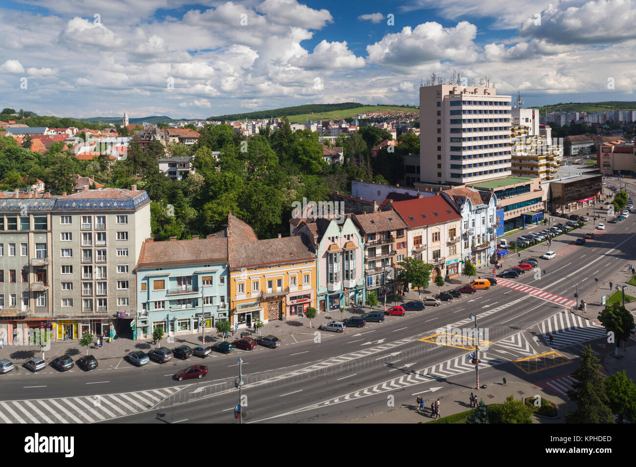 Romania, Transylvania, Targu Mures, elevated city view towards Piata