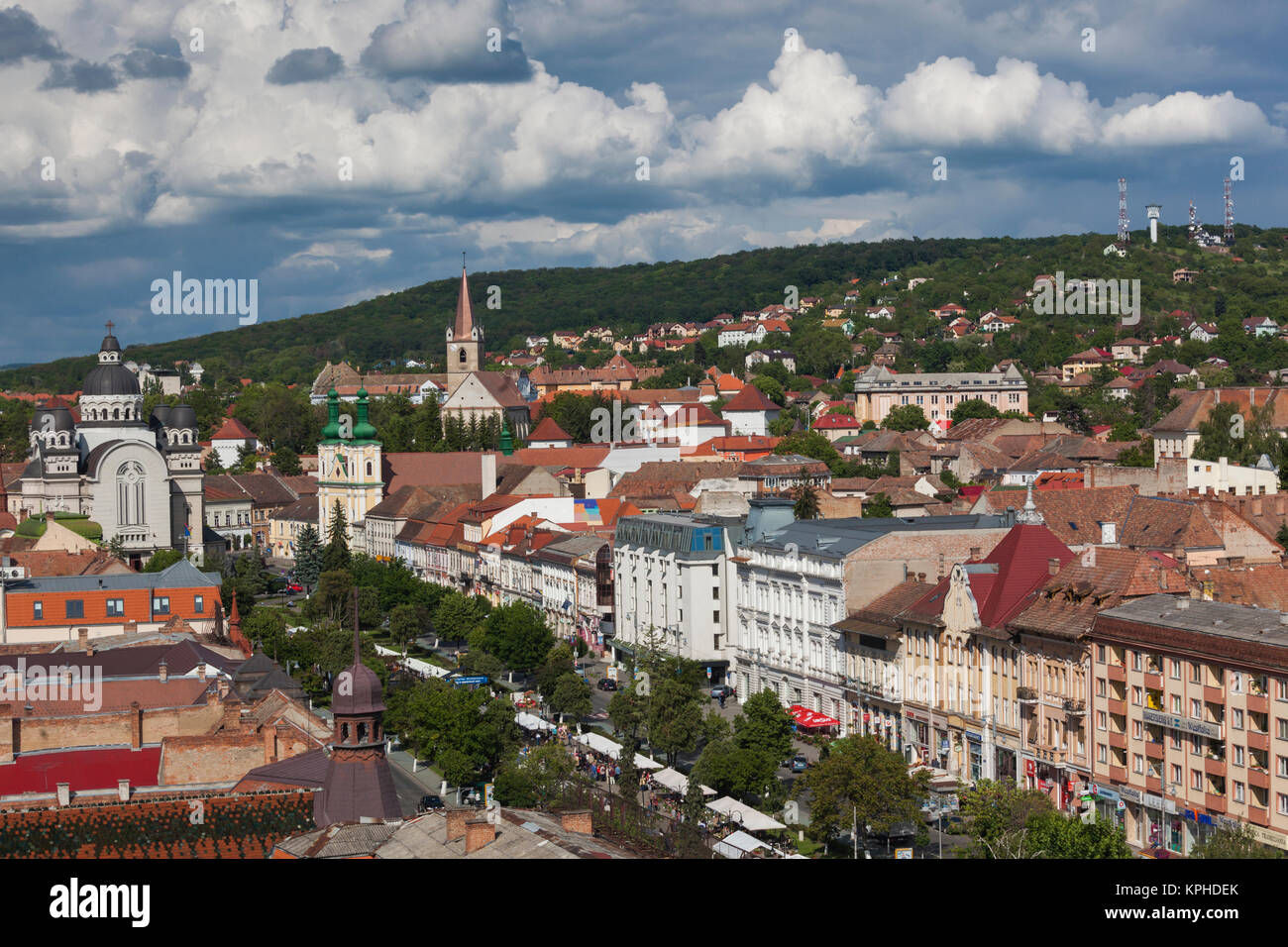 Romania, Transylvania, Targu Mures, elevated city view towards Piata Trandafirilor Square, daytime Stock Photo