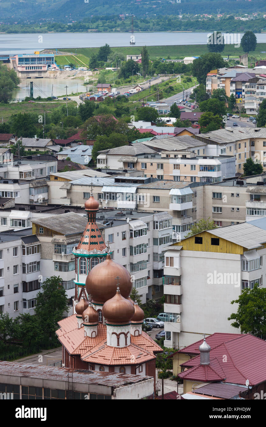Romania, Moldavia, Piatra Neamt, elevated city view from the Mt. Cozla Telegondola Stock Photo