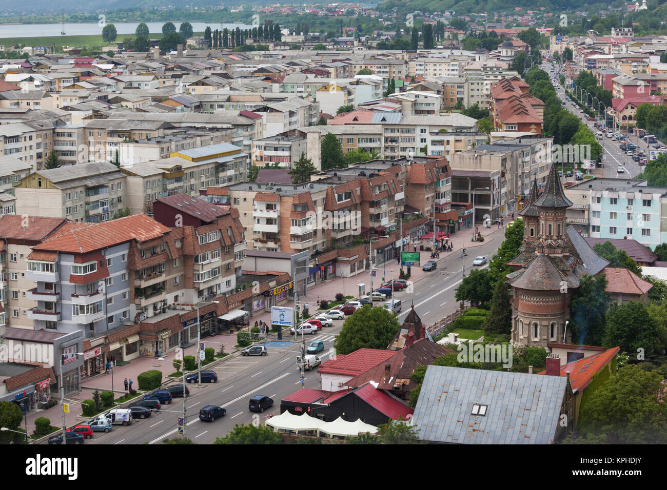 Romania, Moldavia, Piatra Neamt, elevated city view from the Mt. Cozla Telegondola Stock Photo