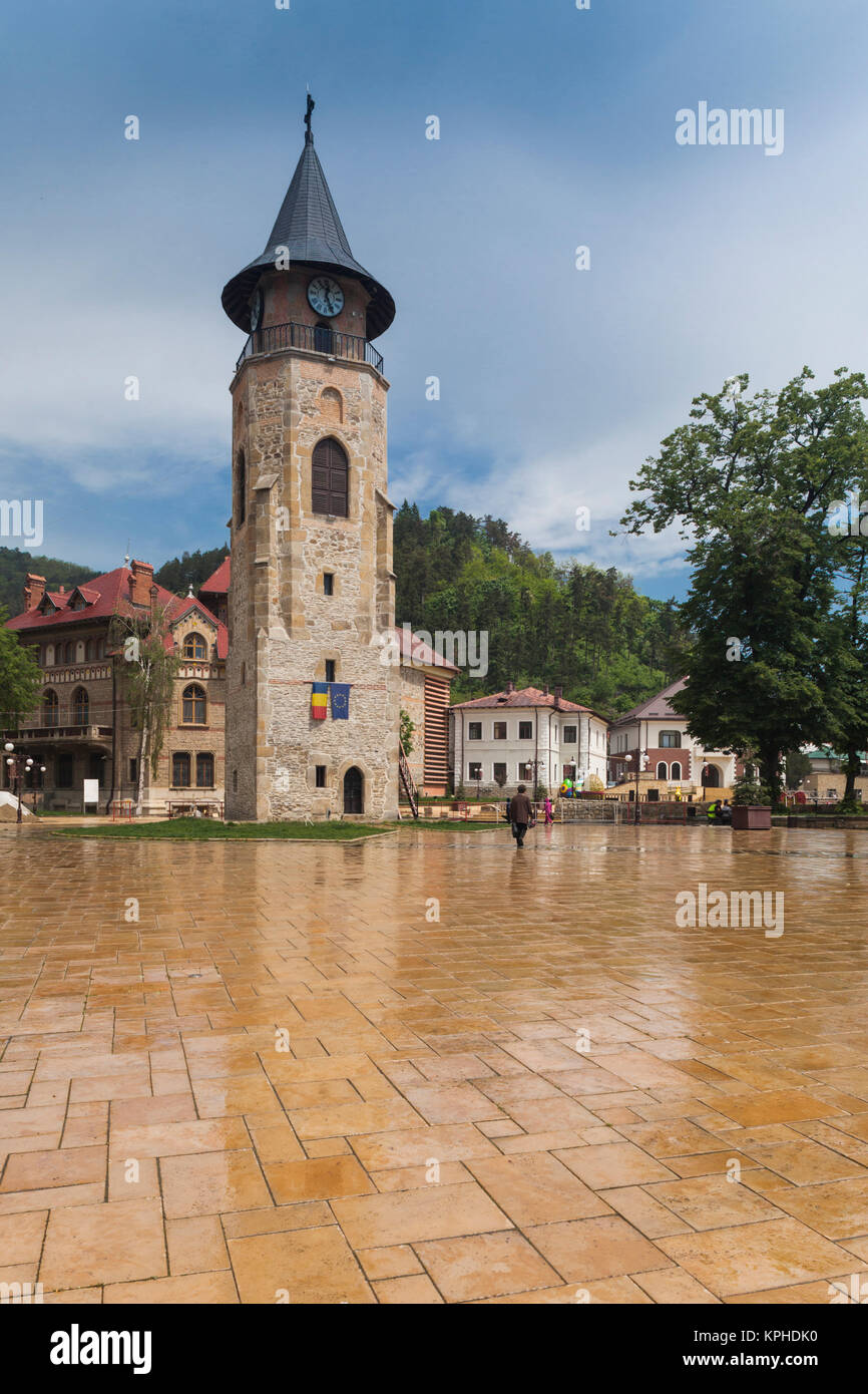 Romania, Moldavia, Piatra Neamt, Piata Stefan cel Mare Square, St. John's Church tower Stock Photo