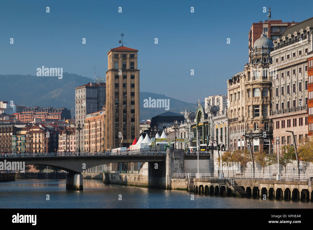 Spain, Basque Country Region, Vizcaya Province, Bilbao, riverfront buildings, central Bilbao Stock Photo