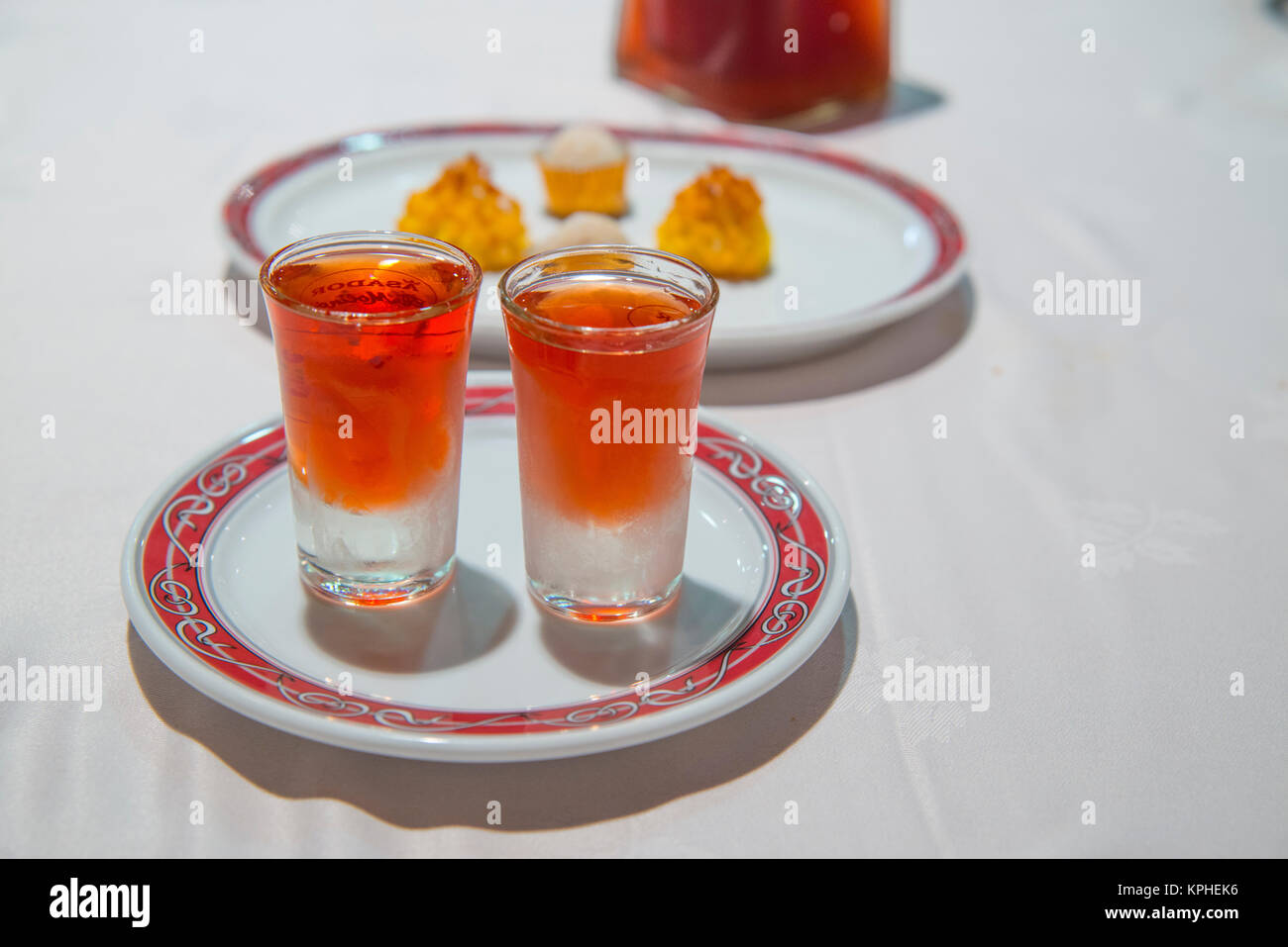 Two glasses of liqueur in a restaurant. Stock Photo