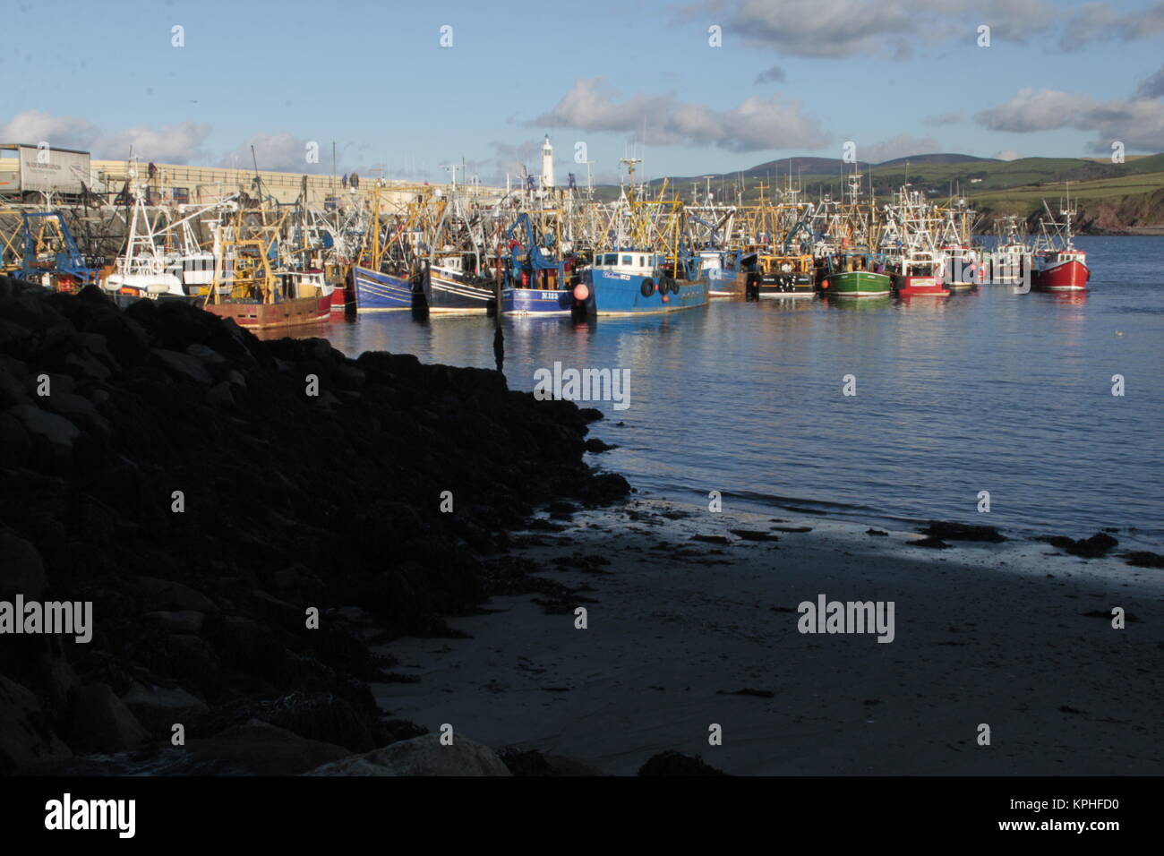 Trawler Fishing boats in Peel harbour, Isle of Man, United Kingdom. Fishing for Scallops (Queenies). Strict quotas mean the boats return to harbour. Stock Photo