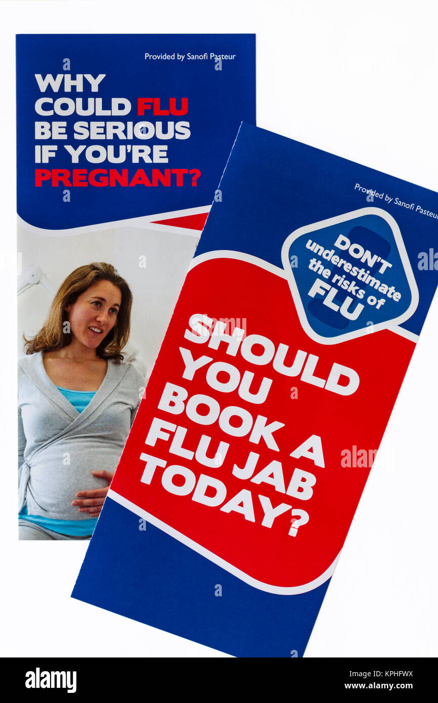 Don't underestimate the risks of FLU, should you book a flu jab today, why could flu be serious if you're pregnant - flu leaflets from doctors surgery Stock Photo