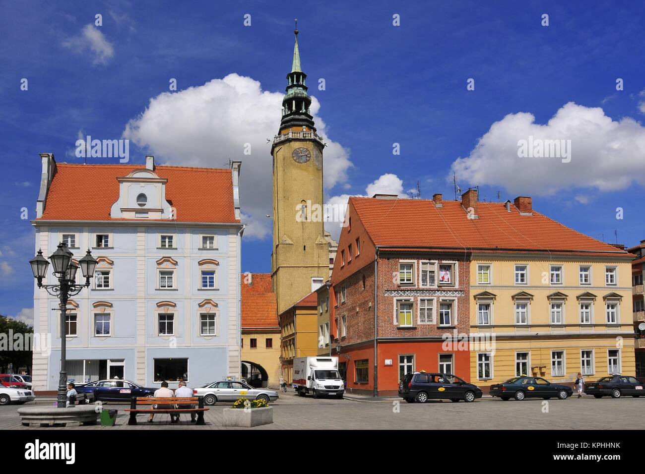 Town square and tower in Brzeg, Opole Voivodeship, Poland. Stock Photo