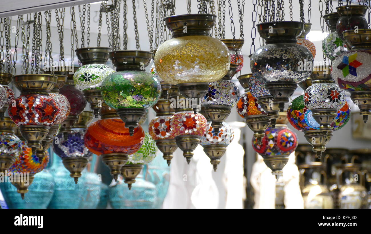 Hanging coloured lanterns in a shop in Athens, Greece Stock Photo