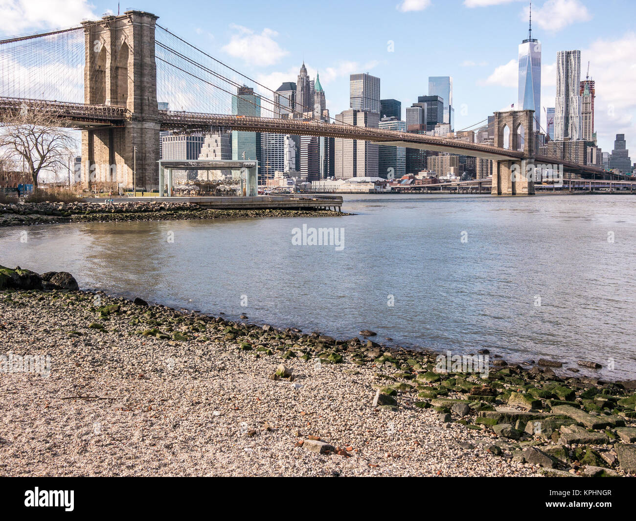 Views of the Brooklyn Bridge and the Manhattan skyline Stock Photo