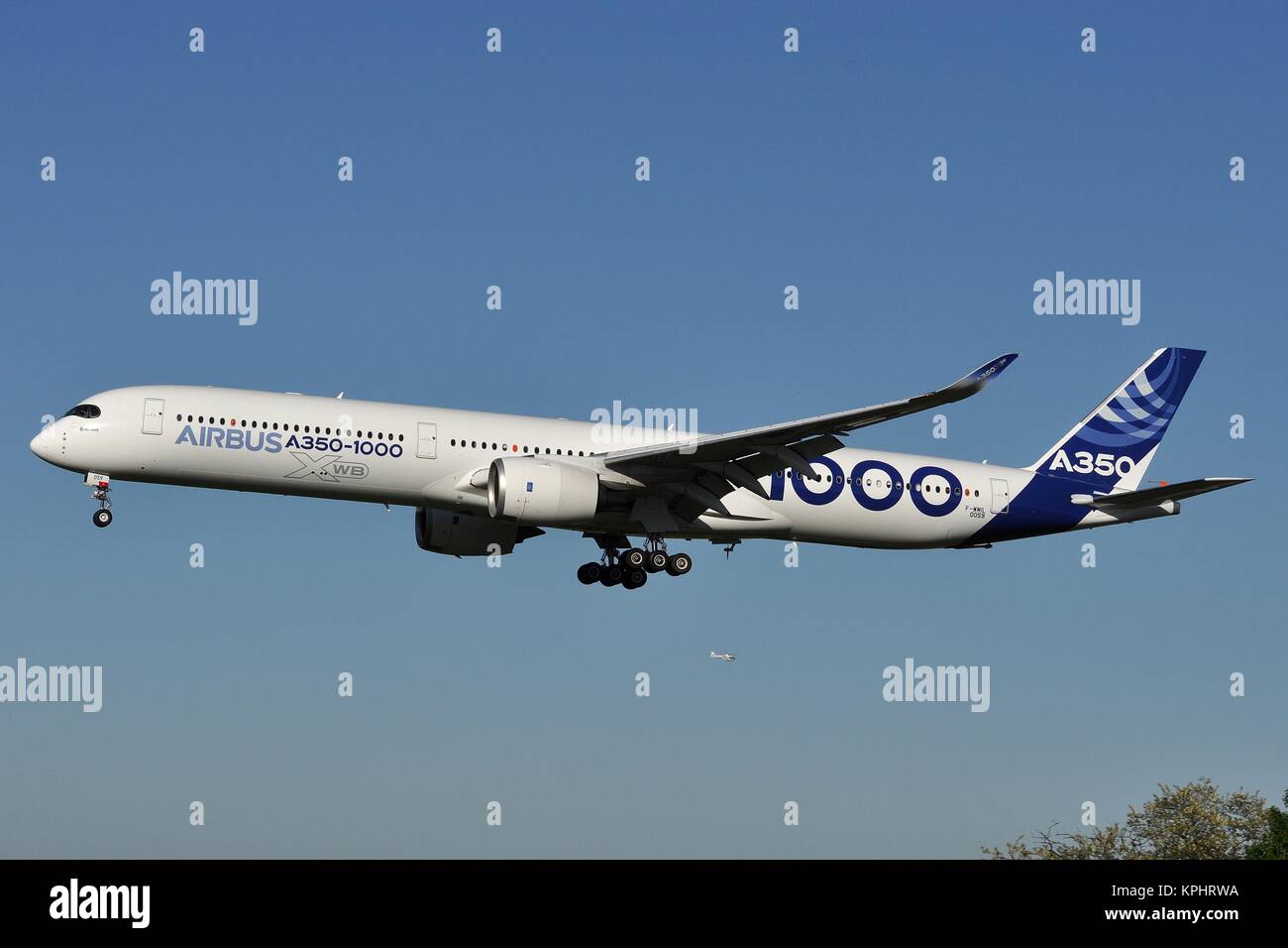 AIRBUS A350-1000 F-WMIL ABOUT TO LAND AT TOULOUSE AFTER A TEST FLIGHT. Stock Photo