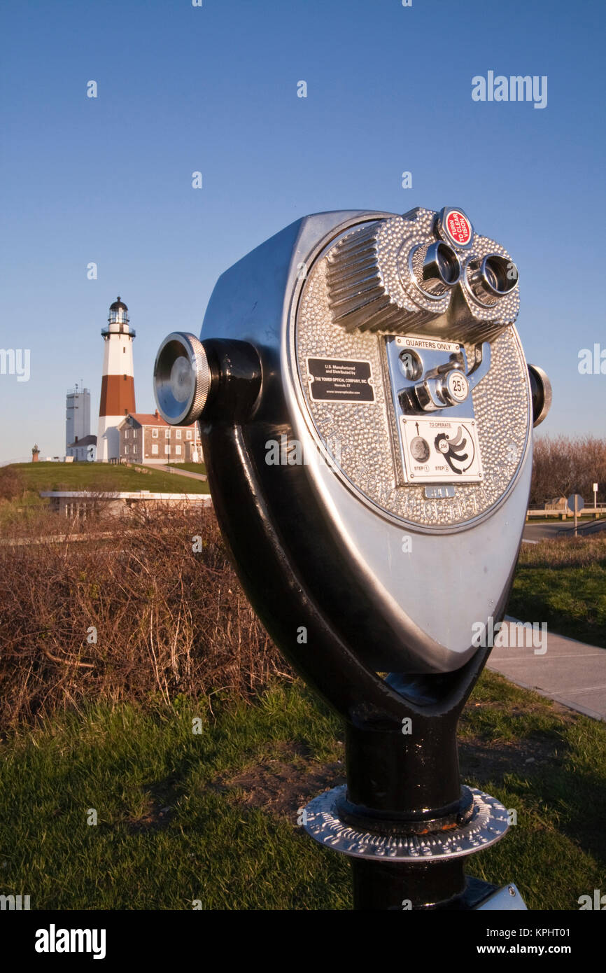USA, New York, East Hampton. Montauk Point Lighthouse and binoccular, sunset. Stock Photo