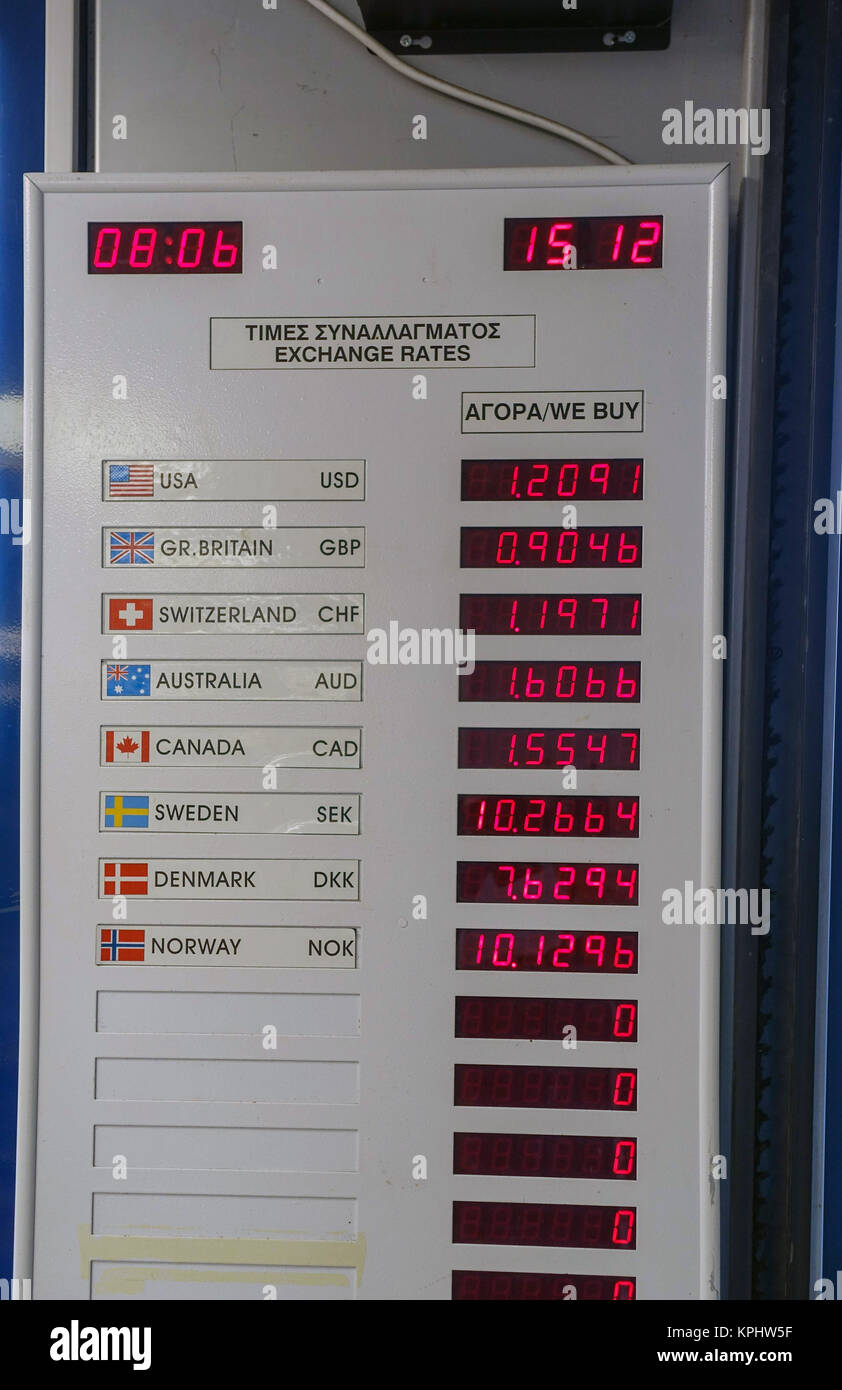 Currency exchange board, Kos Airport, Greece Stock Photo