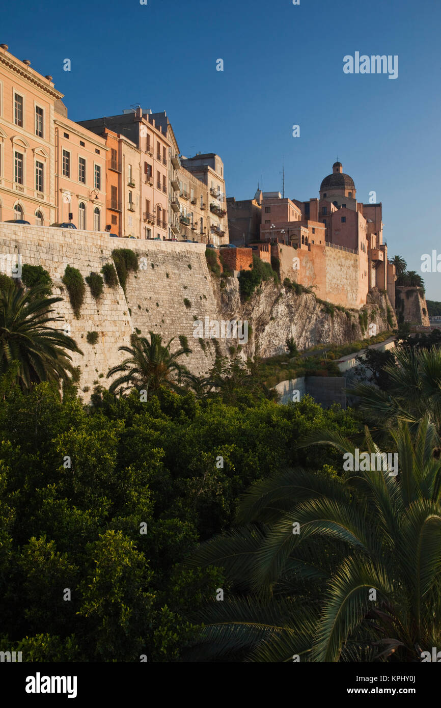 Italy, Sardinia, Cagliari. Il Castello city walls and Cathedral of Saint Mary from Bastione San Remy, dawn. Stock Photo