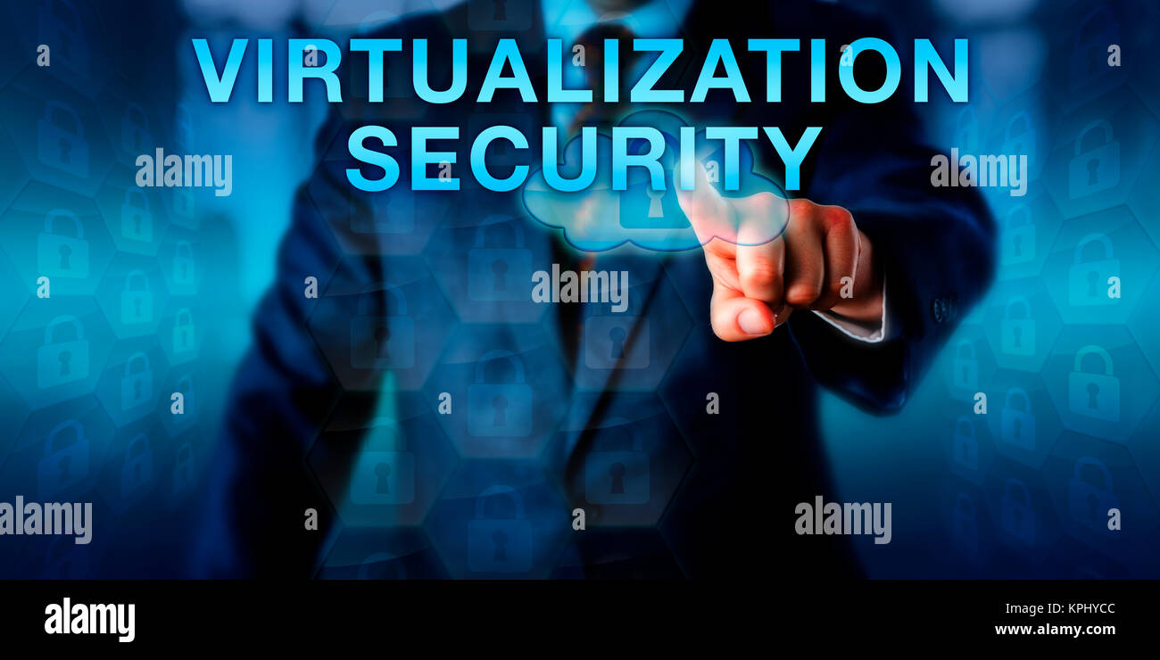 Administrator Pressing VIRTUALIZATION SECURITY Stock Photo