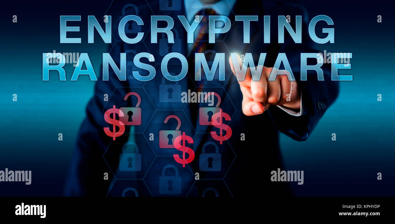 Infected User Pressing ENCRYPTING RANSOMWARE Stock Photo