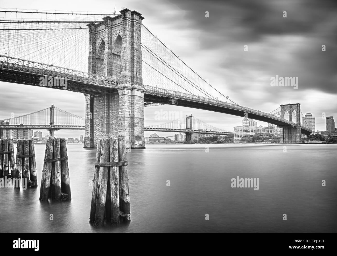 HDR view of Brooklyn Bridge and Manhattan Bridge black and white