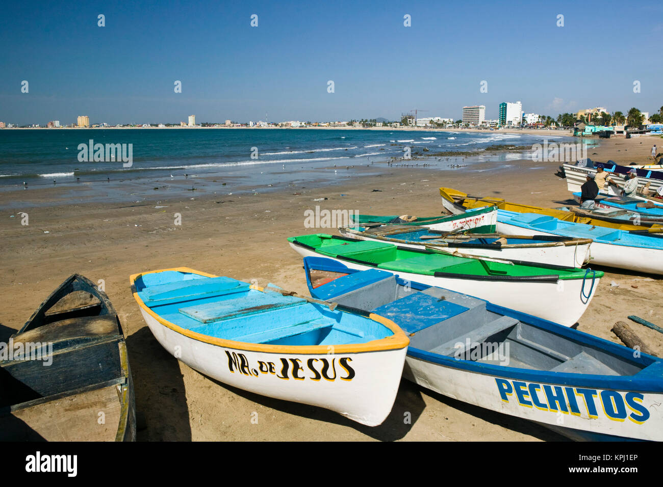 Mexico, Sinaloa State, Mazatlan. Playa Norte Beach Fishing Boats Stock