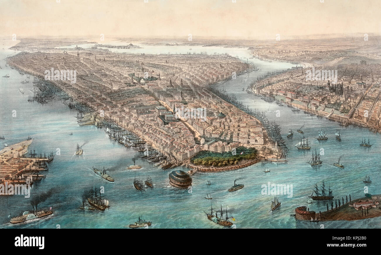 New York and Brooklyn in the mid-1850’s, after a work by French illustrator Theodore Muller, 1819-1879. Stock Photo