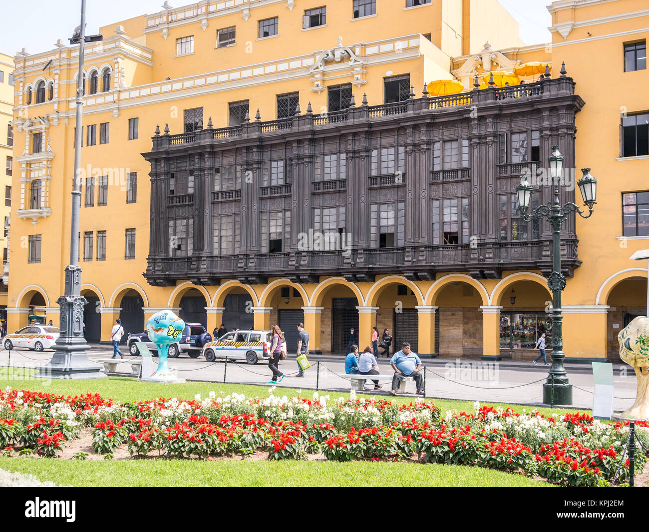 Lima, Peru - October 11, 2014 - Spanish colonial era facades in Lima Plaza de Armas (Main Square) Stock Photo