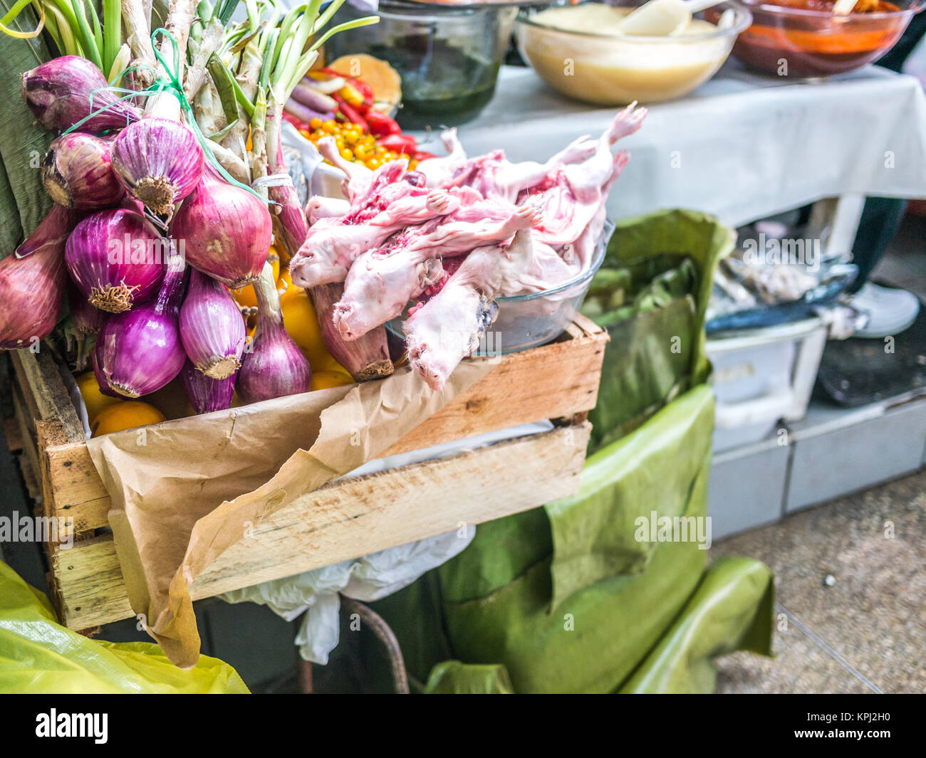 A little store in Mercado de Surquillo market selling the typical peruvian Cuy Stock Photo
