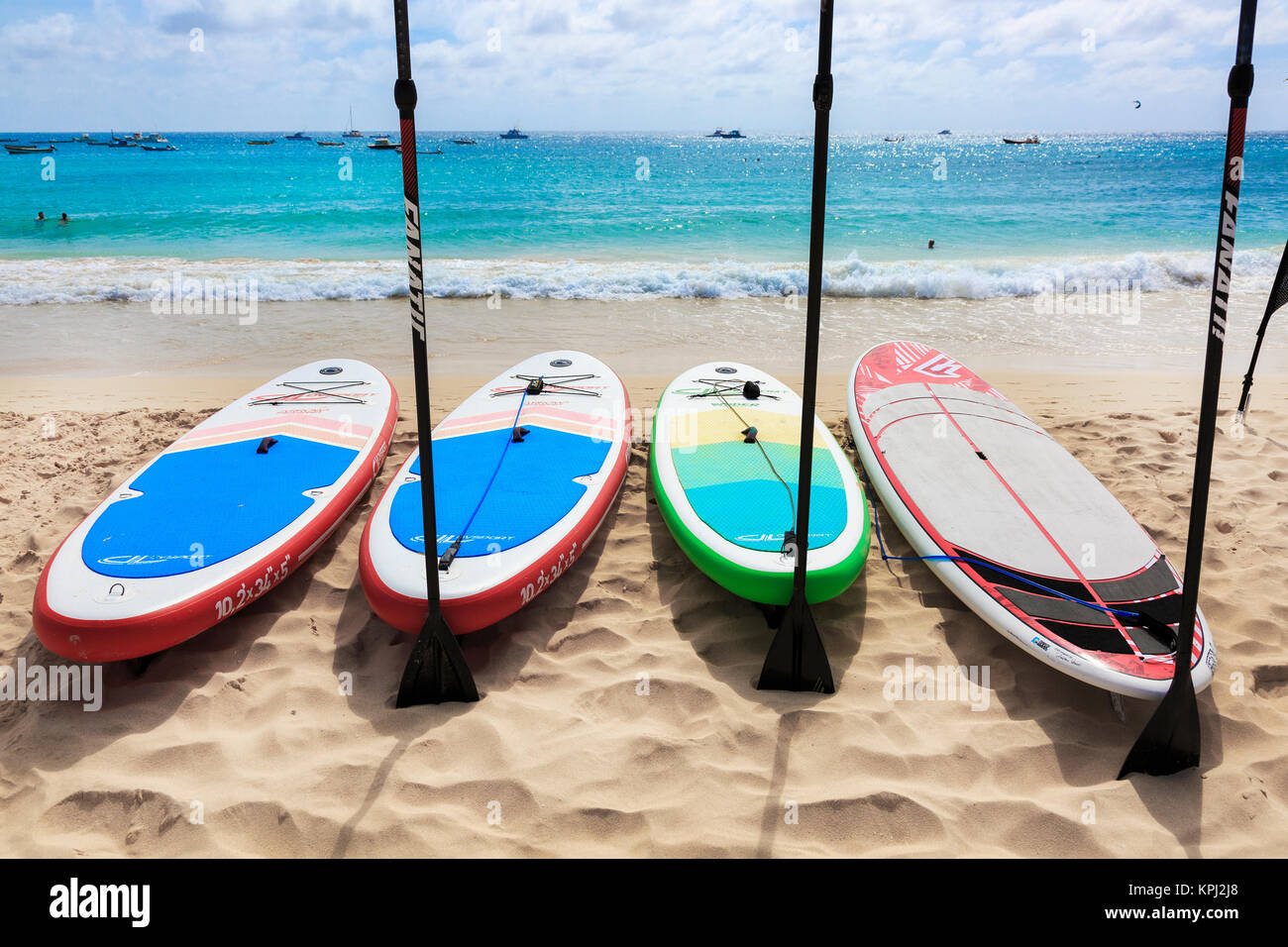 Sail boards on the beach at Santa Maria, Sal Island, Sal, Cape Verde, Africa Stock Photo