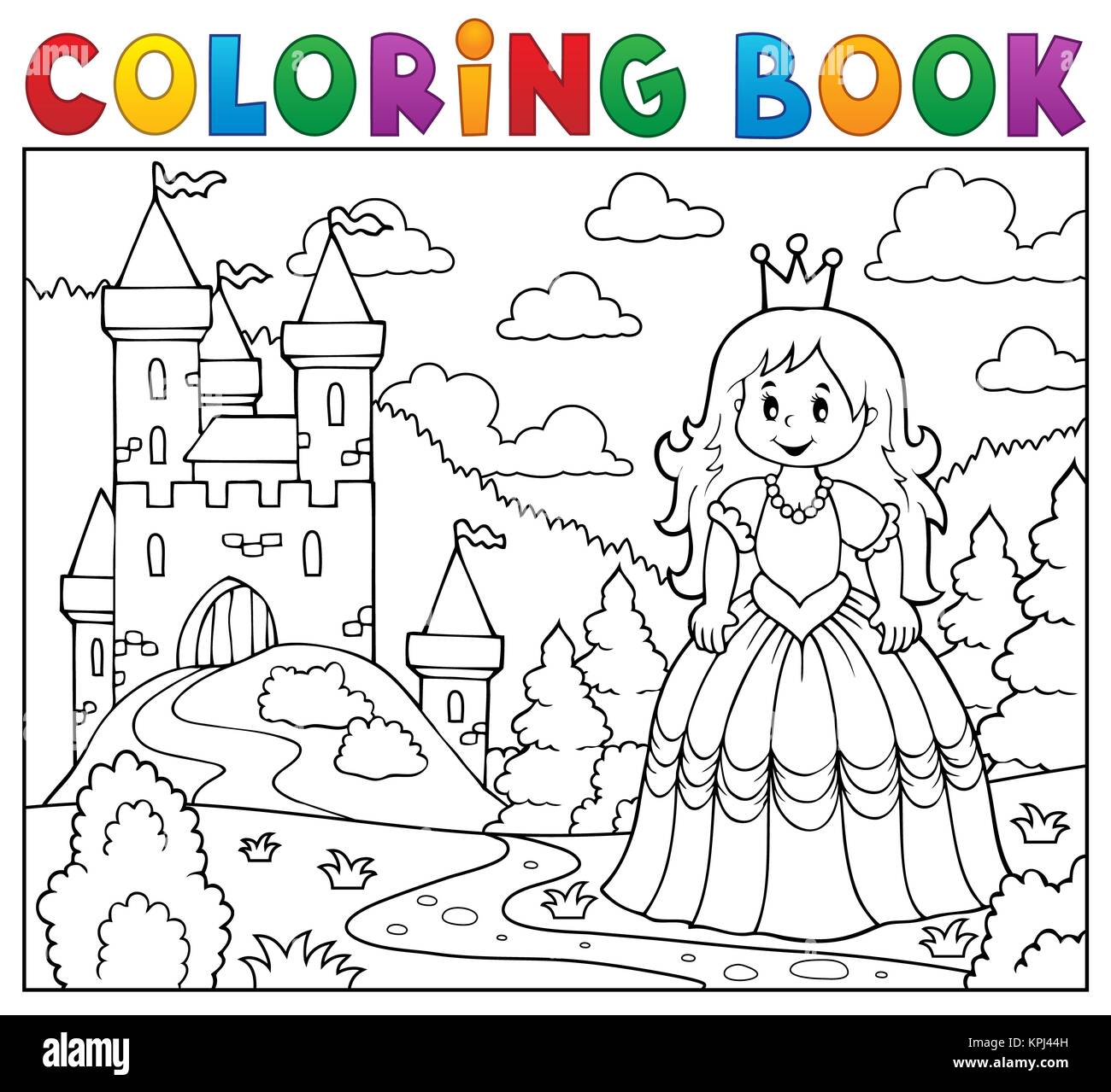 Coloring book princess near castle Stock Photo - Alamy
