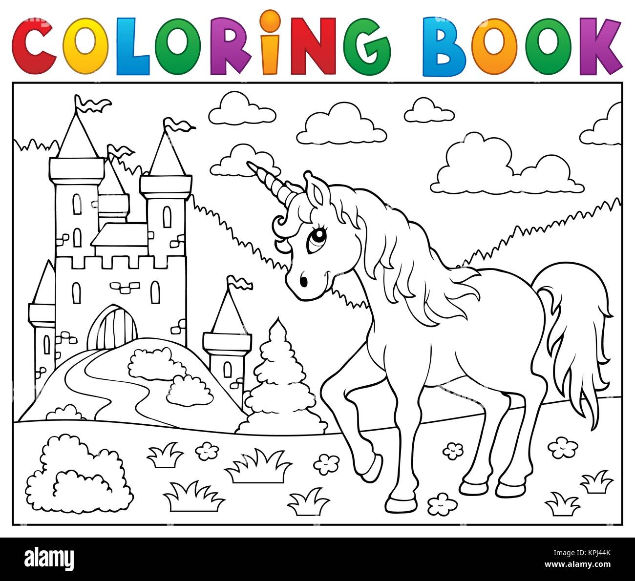 Unicorn colouring hi res stock - Coloring Book Unicorn Near Castle KPJ44K