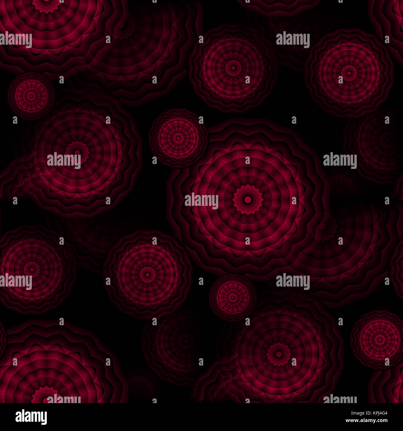 Abstract geometric seamless background. Scattered concentric circles pattern in dark red shades, dark brown and black. Stock Photo