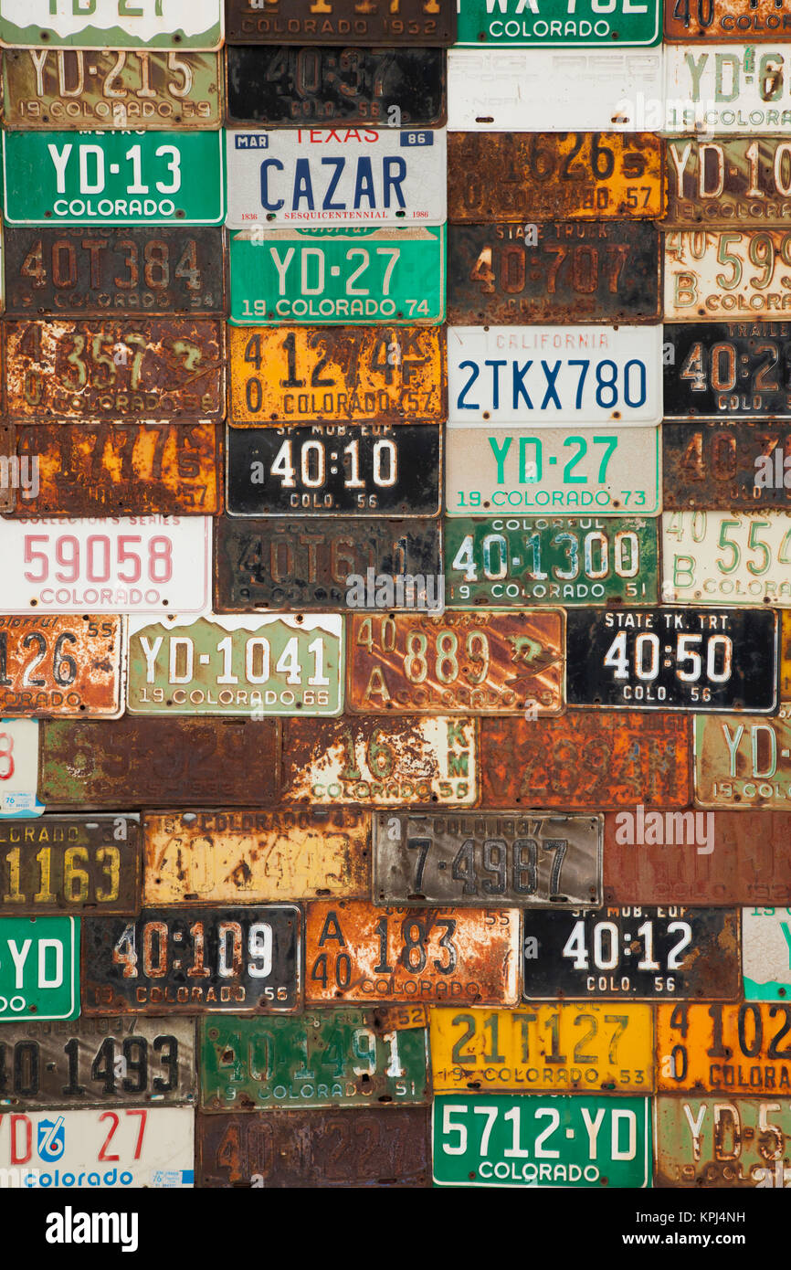 USA, Colorado, Crested Butte, building with license plate siding Stock Photo Alamy