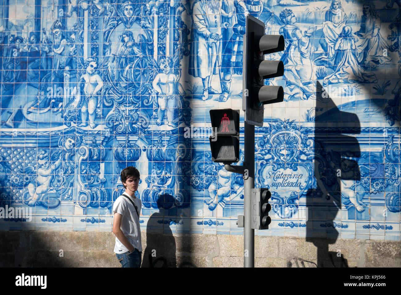 Traditional, blue glazed, dececorated tiles, azulejos,on the exterior of Capela das Almas church, in the centre of Porto, Portugal Stock Photo
