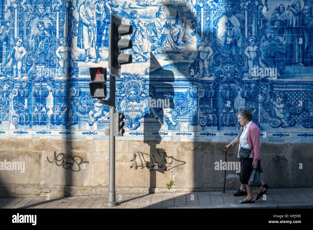 Traditional, blue glazed, dececorated tiles, azulejos,on the exterior of Capela das Almas church, in the centre of Porto, Portugal Stock Photo