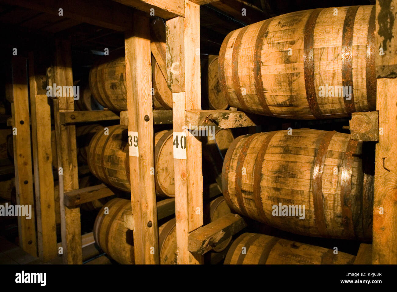 USA, Kentucky, Loretto: Maker's Mark Bourbon Distillery, Aging Bourbon in Barrels Stock Photo