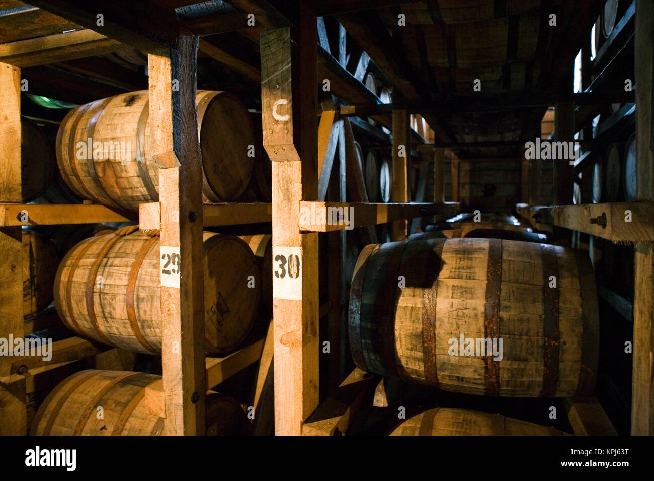 USA, Kentucky, Loretto: Maker's Mark Bourbon Distillery, Aging Bourbon in Barrels Stock Photo