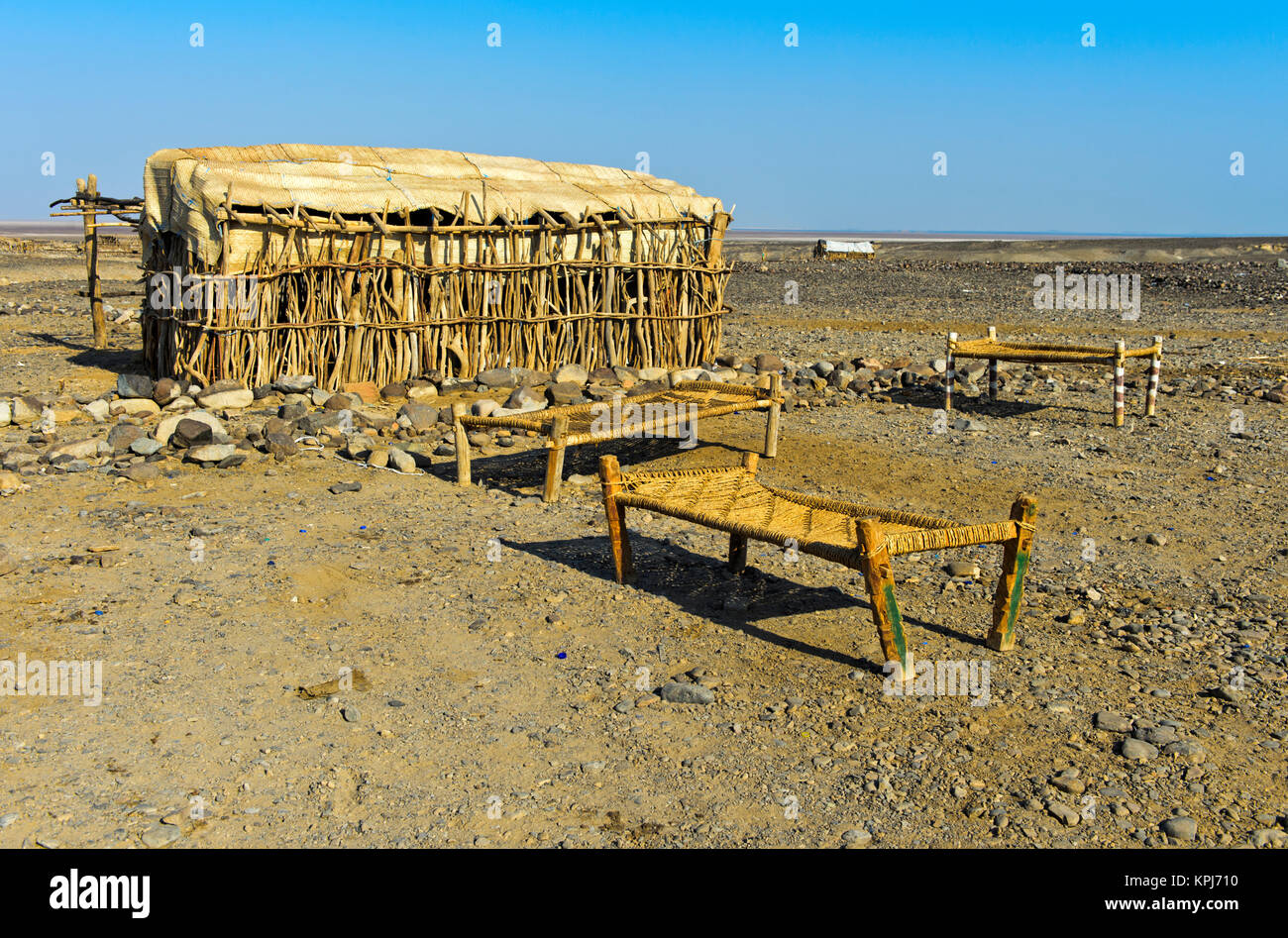 Open-Air Accommodation, open-air beds from Sisal in the Danakil Desert, Hamed Ela, Danakil Depression, Afar Region, Ethiopia Stock Photo