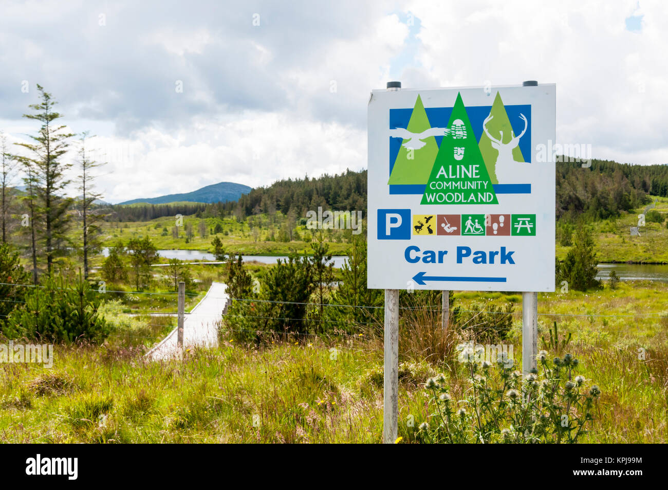 Sign for Aline Community Woodland on the Isle of Lewis in the Outer Hebrides. Stock Photo
