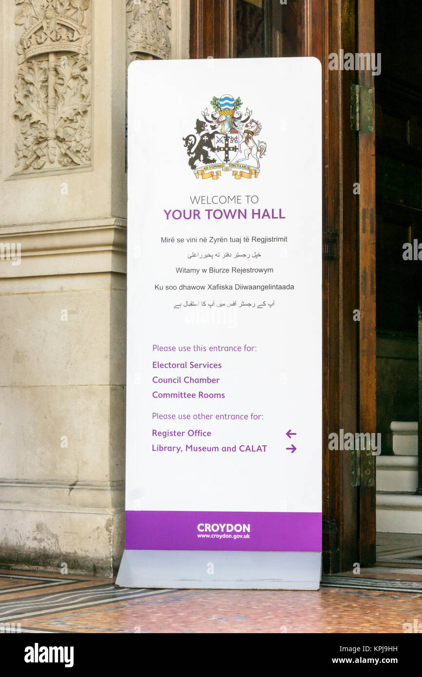A sign at the entrance to Croydon Town Hall says Welcome To Your Town Hall in a number of languages including Albanian, Polish & Somali. Stock Photo