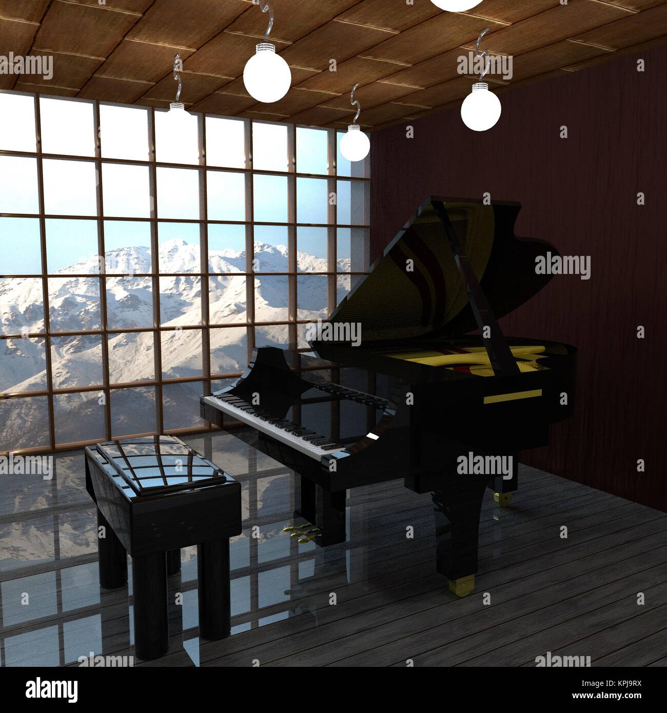 Black piano in front of a window Stock Photo - Alamy