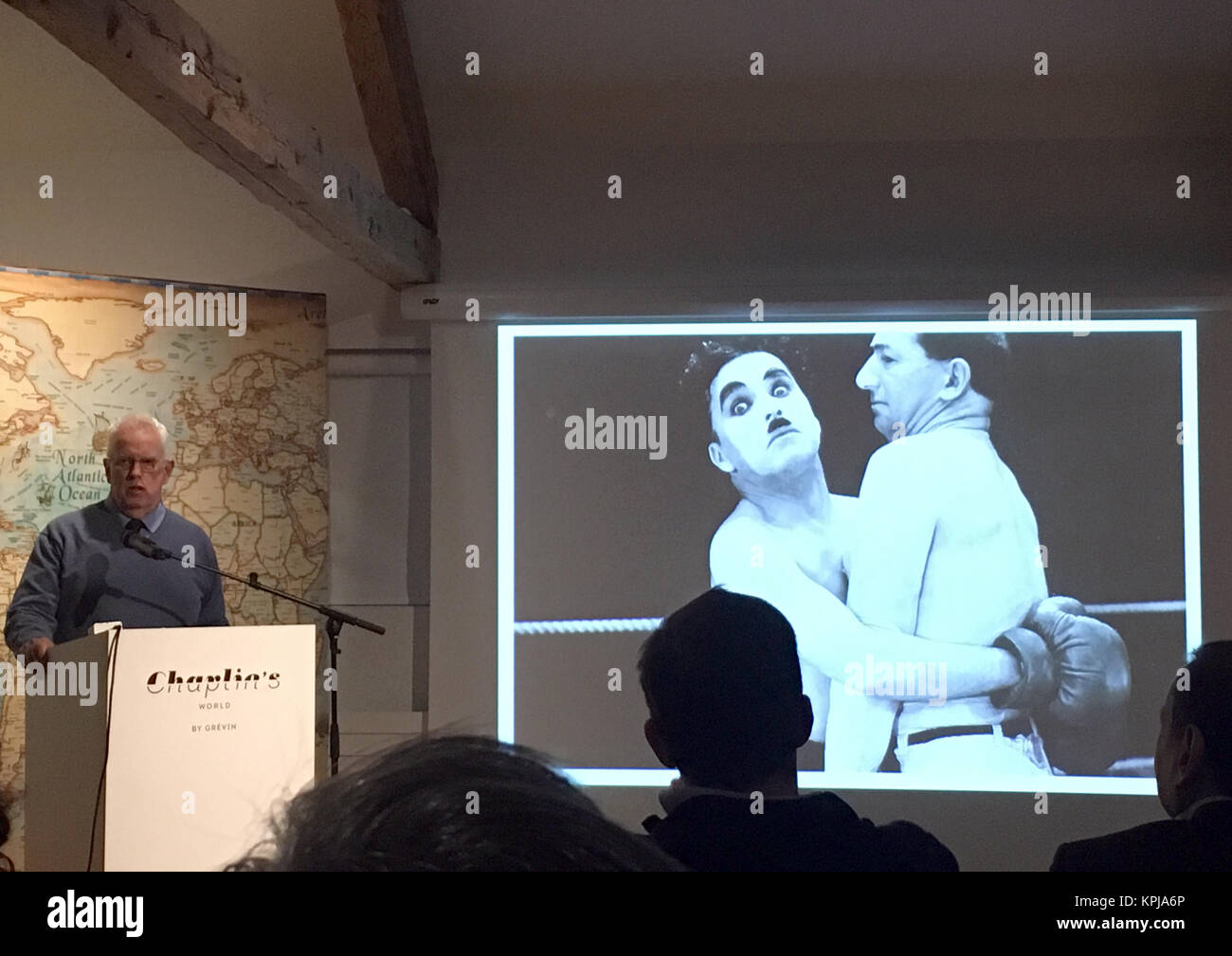 Eugene Chaplin, Charlie Chaplin's son, speaking in the 'Chaplin's World' museum in Charlie Chaplin's erstwhile house in Corsier, Switzerland, 05 December 2017. Charlie Chaplin is celebrated as a genius 40 years after his death. Many of his film's messages are as current as ever. Photo: Christiane Oelrich/dpa Stock Photo
