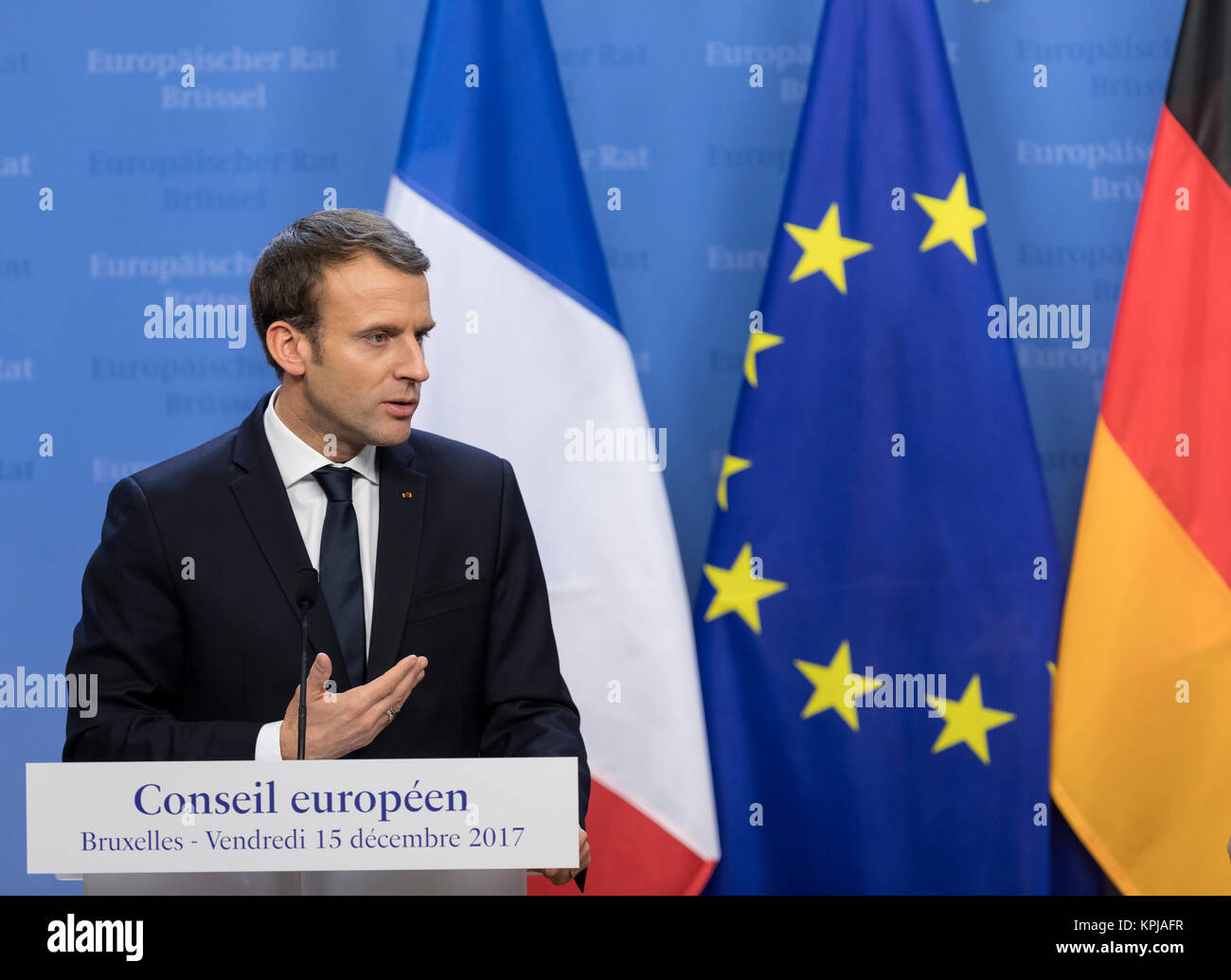 Bruxelles, Belgium. 15th Dec, 2017. December 15, 2017 - Brussels, Belgium: German Chancellor (Unseen) and French President Emmanuel Macron address a media conference at an EU summit. Credit: Andia/Alamy Live News Stock Photo